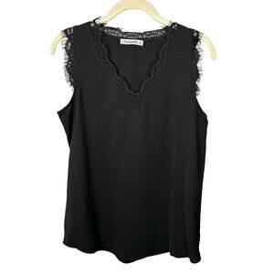 HARHAY Black V Neck Lace Trim Sleeveless Blouse Women's Small
